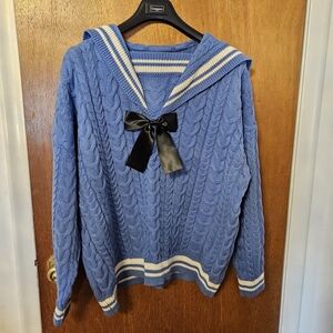 Blue Cable Knit Sweater with Sailor Collar